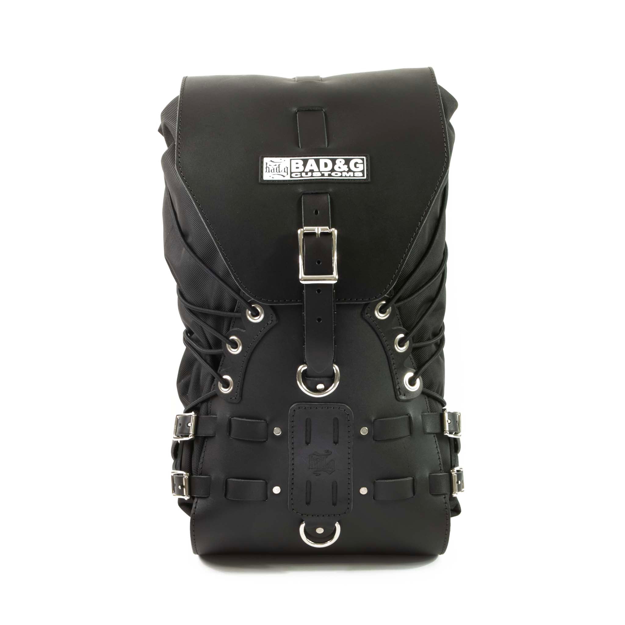 BAD&G Sissy Bar Bag USB01—front view with leather holster and roll-top dry bag