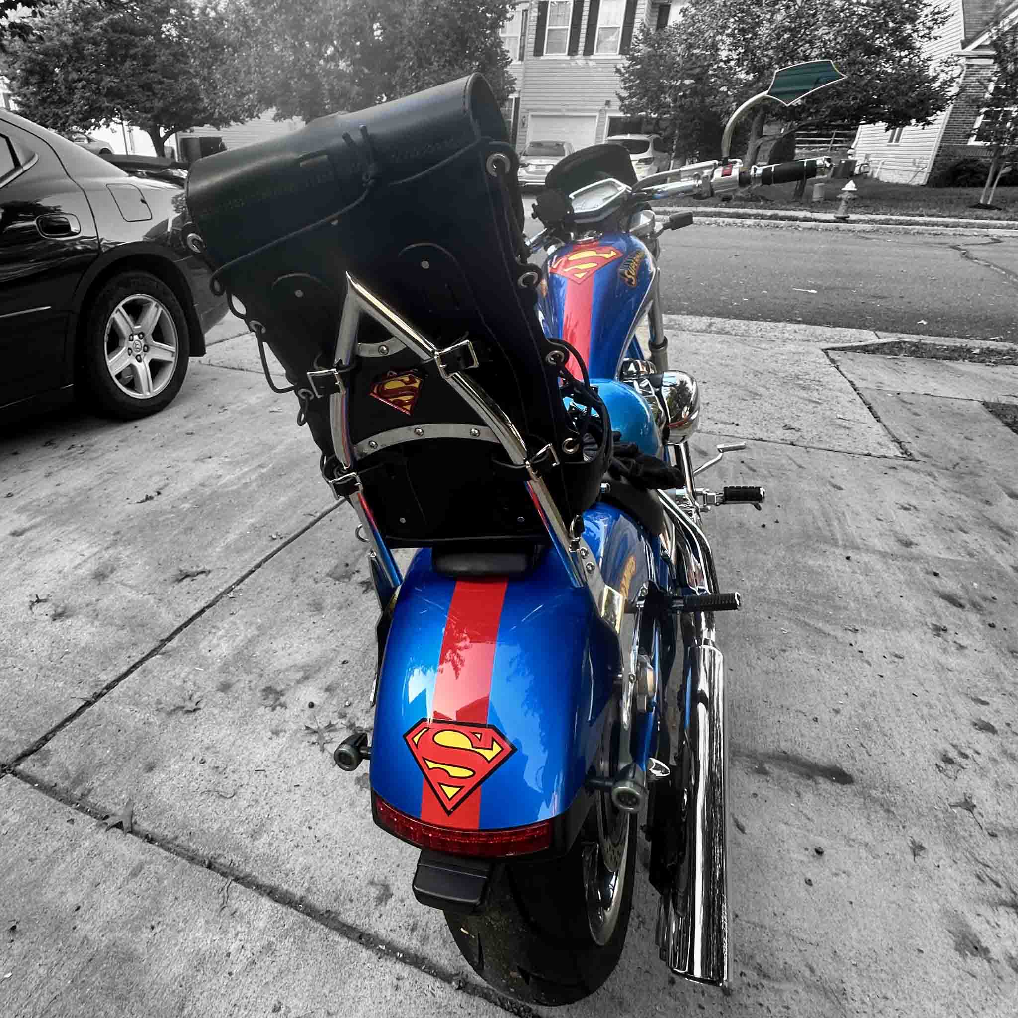 Rear view on Honda Fury—bag centered and strapped to sissy bar