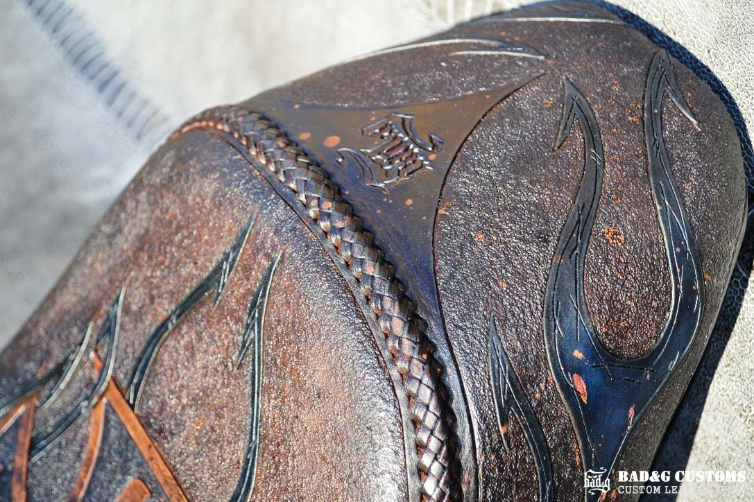"Big Dog Choppers" logo design hand tooled and braided. Antiqued Blue Veg tan leather with kangaroo lace. West Coast Choppers for Life!