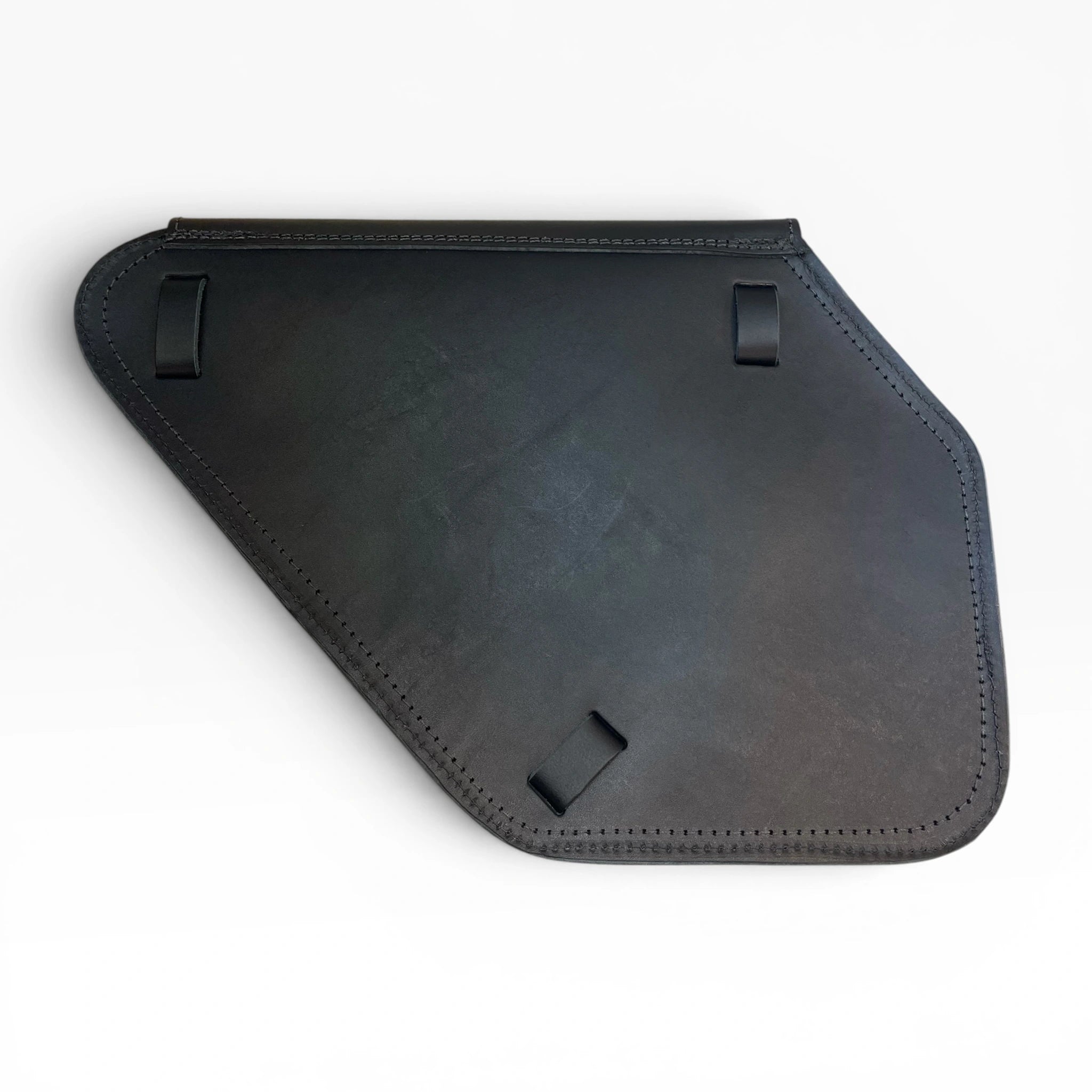 A black leather or faux-leather protective cover with stitched edges and four small strap attachments, shown on a plain white background.