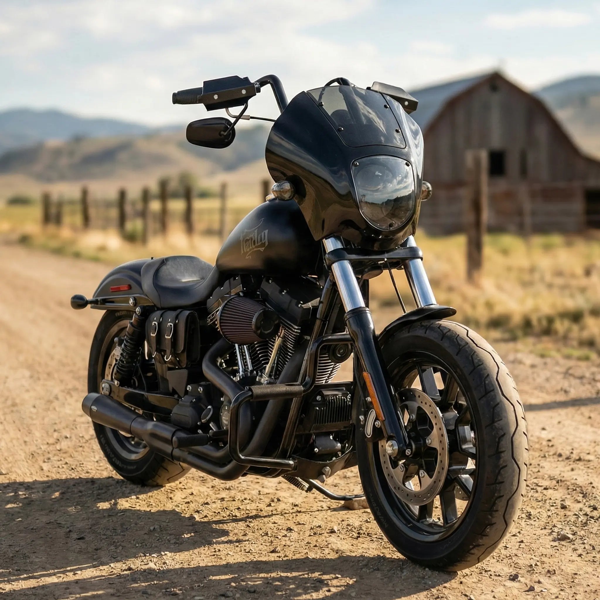 Black motorcycle parked on a dirt road with a barn and mountains in the background