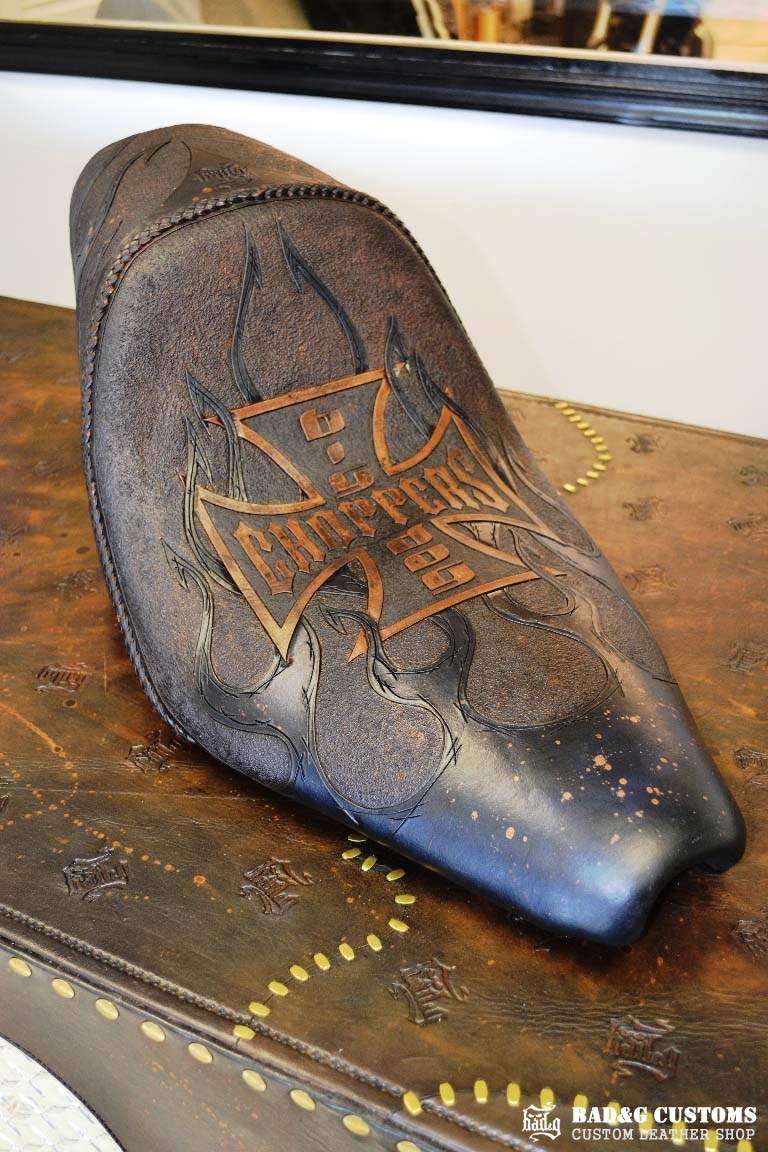 "Big Dog Choppers" logo design hand tooled and braided. Antiqued Blue Veg tan leather with kangaroo lace. West Coast Choppers for Life!