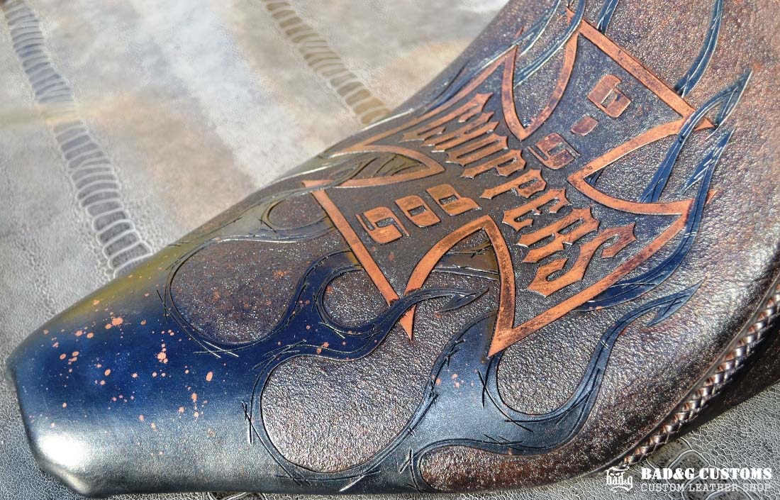 "Big Dog Choppers" logo design hand tooled and braided. Antiqued Blue Veg tan leather with kangaroo lace. West Coast Choppers for Life!