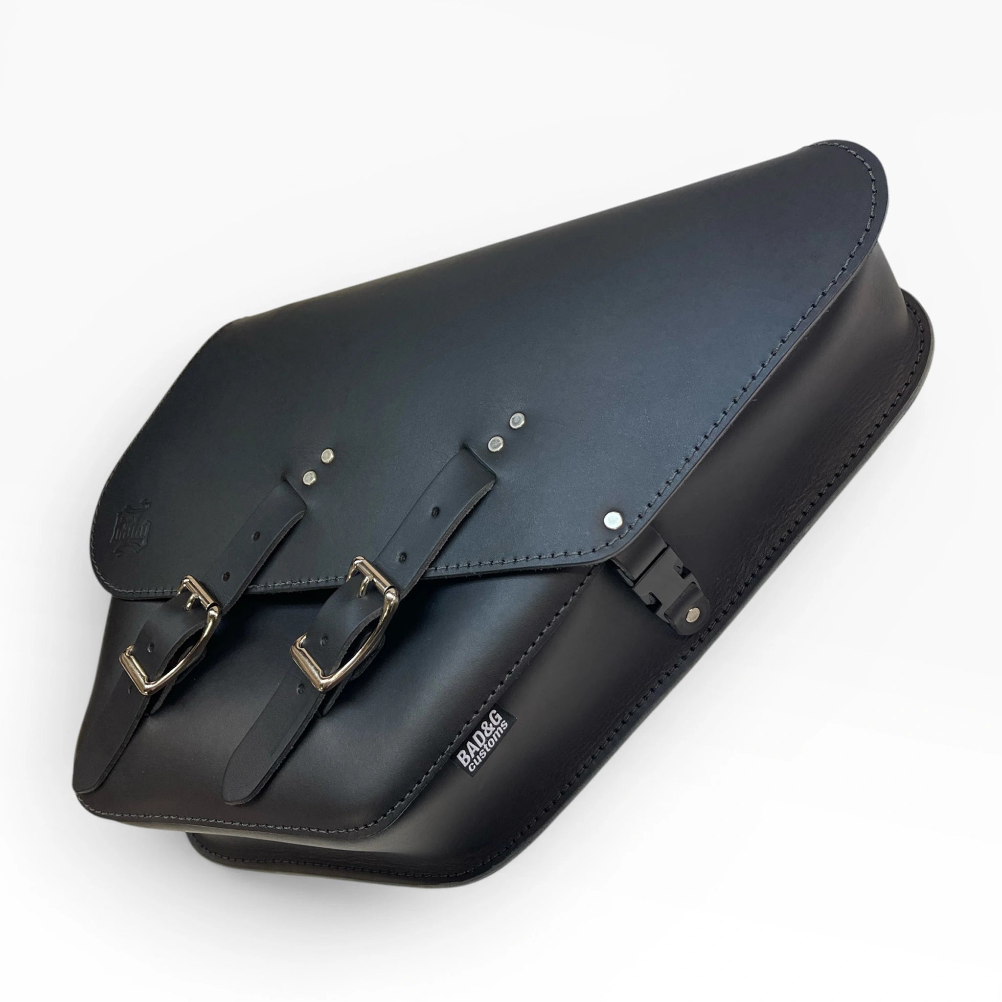 Black leather motorcycle saddle bag with two adjustable buckle straps and silver-tone hardware, shown on a clean white background.