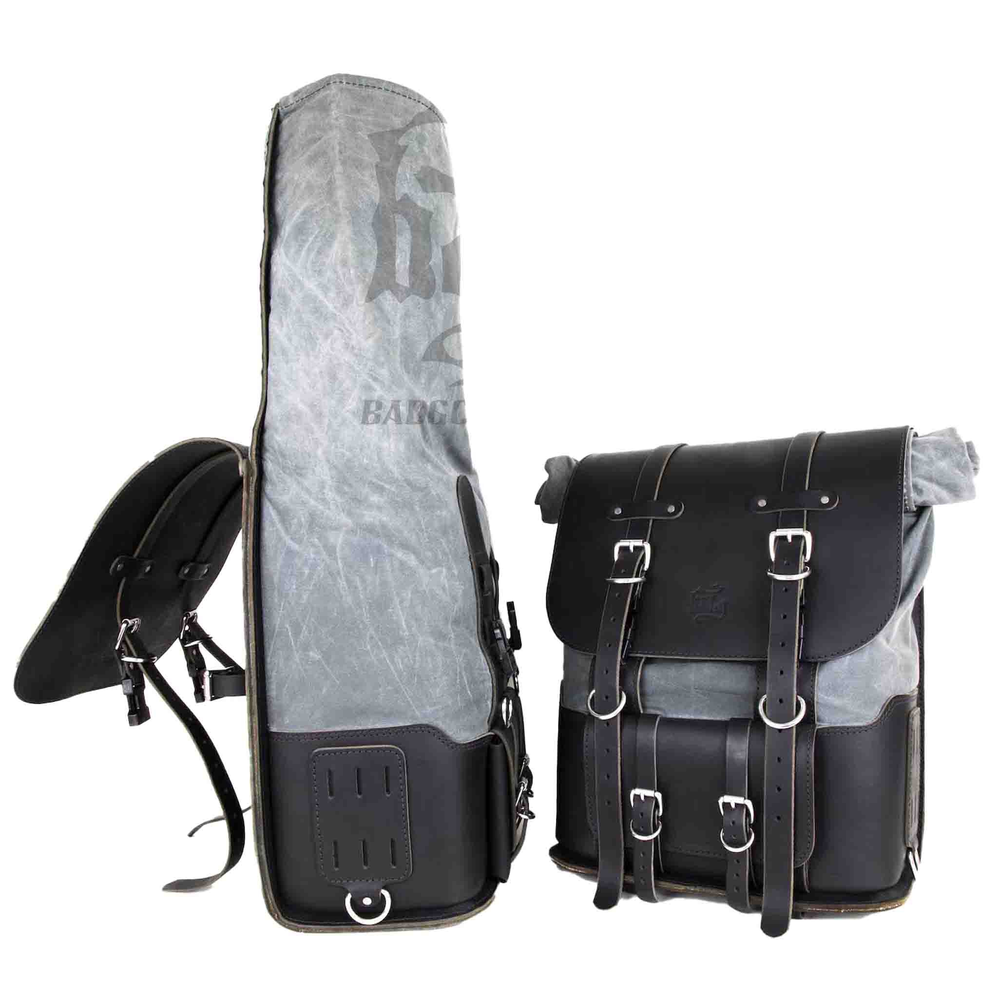 Upgrade your ride with the URB10 Rolltop Saddlebags. Unique design enables quick conversion from saddlebag to backpack. Hand crafted in USA with premium veg tan water buffalo leather, waxed canvas and stainless steel hardware. Durable and stylish, they are the perfect fit for your motorcycle.